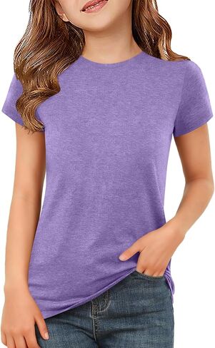 ZDC Girls Short Sleeve T Shirts Kids Summer Basic Tee Crewneck Cute Tops 5-14 Years in Saudi Arabia