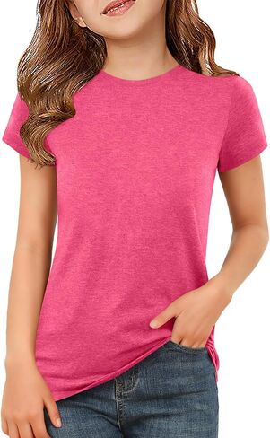 ZDC Girls Short Sleeve T Shirts Kids Summer Basic Tee Crewneck Cute Tops 5-14 Years in Saudi Arabia