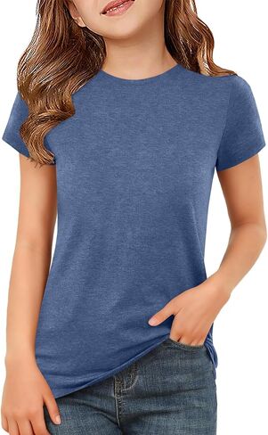 ZDC Girls Short Sleeve T Shirts Kids Summer Basic Tee Crewneck Cute Tops 5-14 Years in Saudi Arabia
