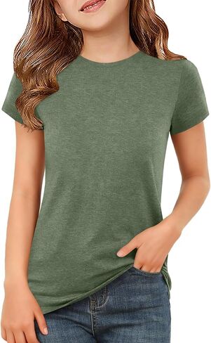 ZDC Girls Short Sleeve T Shirts Kids Summer Basic Tee Crewneck Cute Tops 5-14 Years in Saudi Arabia