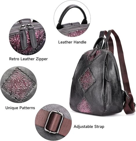 Women Vintage Genuine Leather Shoulder Bag Multifunctional Large Capacity Embossed Backpack (Black) in Saudi Arabia