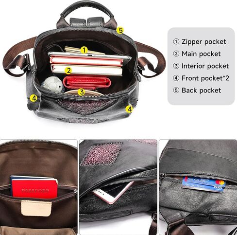 Women Vintage Genuine Leather Shoulder Bag Multifunctional Large Capacity Embossed Backpack (Black) in Saudi Arabia
