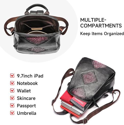 Women Vintage Genuine Leather Shoulder Bag Multifunctional Large Capacity Embossed Backpack (Black) in Saudi Arabia