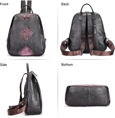 Women Vintage Genuine Leather Shoulder Bag Multifunctional Large Capacity Embossed Backpack (Black) in Saudi Arabia