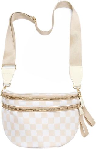 حقيبة كروس مربعة للنساء: حقيبة كبيرة من النايلون فاني باك، حقيبة خصر مقاومة للماء متعددة الأغراض للسفر وأحداث الاستاد وملابس الخريف (نمط مربعات بيج) in Kuwait