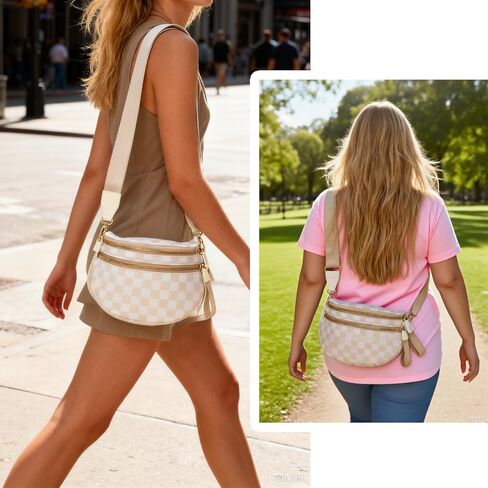 Checkered Crossbody Bag for Women: Large Nylon Fanny Pack Bum Bag, Multi-Purpose Waterproof Waist Pack for Travel, Stadium Events & Fall Outfits (Beige checkered pattern) in Saudi Arabia