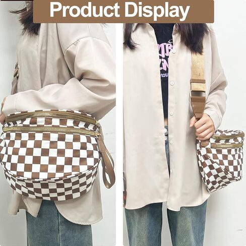 Checkered Crossbody Bag for Women: Large Nylon Fanny Pack Bum Bag, Multi-Purpose Waterproof Waist Pack for Travel, Stadium Events & Fall Outfits (Beige checkered pattern) in Saudi Arabia