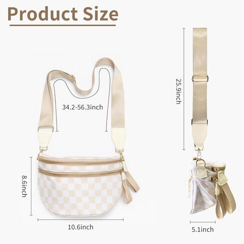 Checkered Crossbody Bag for Women: Large Nylon Fanny Pack Bum Bag, Multi-Purpose Waterproof Waist Pack for Travel, Stadium Events & Fall Outfits (Beige checkered pattern) in Saudi Arabia