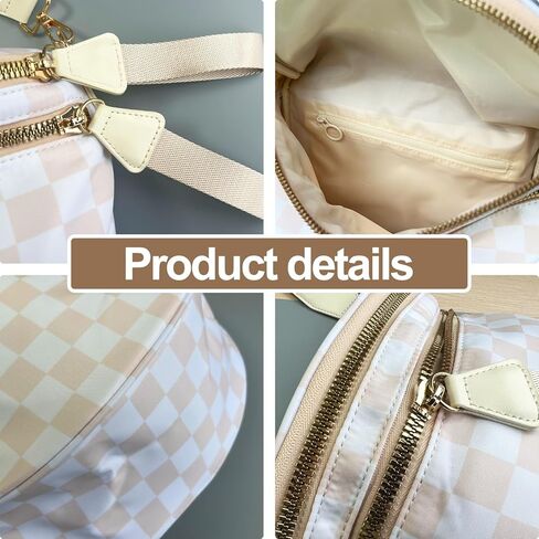 Checkered Crossbody Bag for Women: Large Nylon Fanny Pack Bum Bag, Multi-Purpose Waterproof Waist Pack for Travel, Stadium Events & Fall Outfits (Beige checkered pattern) in Saudi Arabia