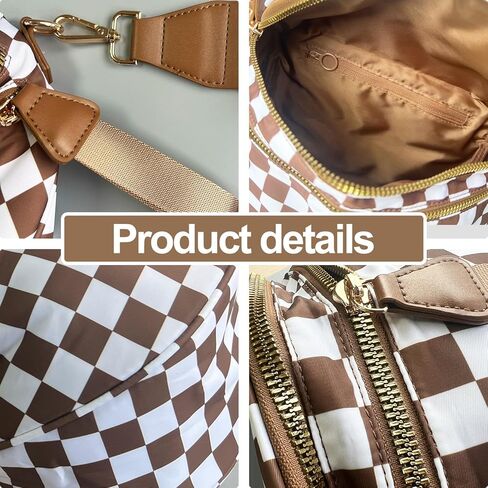 Checkered Crossbody Bag for Women: Large Nylon Fanny Pack Bum Bag, Multi-Purpose Waterproof Waist Pack for Travel, Stadium Events & Fall Outfits (Beige checkered pattern) in Saudi Arabia