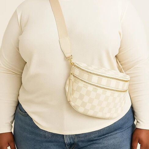 Checkered Crossbody Bag for Women: Large Nylon Fanny Pack Bum Bag, Multi-Purpose Waterproof Waist Pack for Travel, Stadium Events & Fall Outfits (Beige checkered pattern) in Saudi Arabia