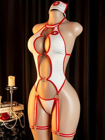 Sexy Nurse Costume Bodysuit with Metallic Link Cutouts - Backless Open Crotch Design, Red & White Uniform in Saudi Arabia