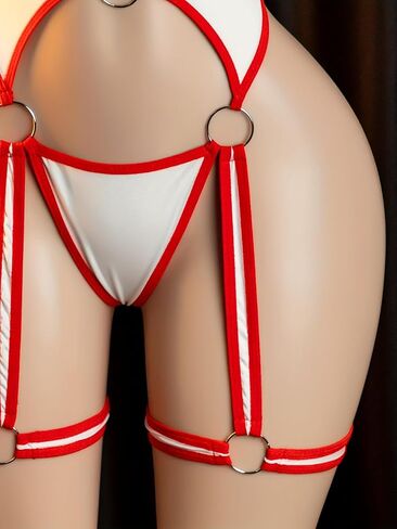Sexy Nurse Costume Bodysuit with Metallic Link Cutouts - Backless Open Crotch Design, Red & White Uniform in Saudi Arabia