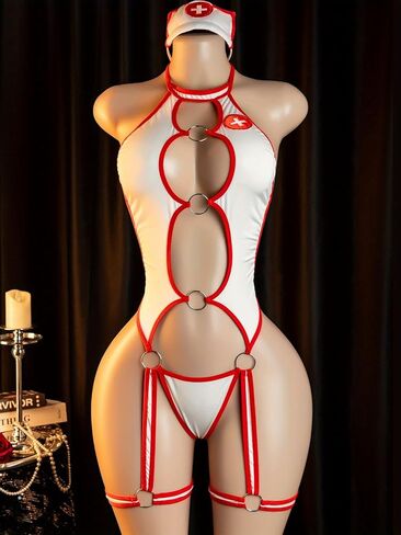 Sexy Nurse Costume Bodysuit with Metallic Link Cutouts - Backless Open Crotch Design, Red & White Uniform in Saudi Arabia