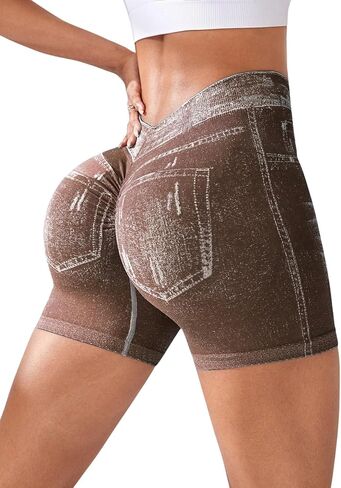 V Back Booty Shorts Women Faux Denim Butt Lifting Jegging Jean Shorts High Waisted Scrunch Workout Yoga Biker in Saudi Arabia