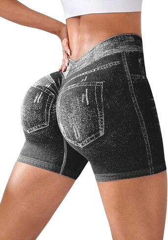 V Back Booty Shorts Women Faux Denim Butt Lifting Jegging Jean Shorts High Waisted Scrunch Workout Yoga Biker in Saudi Arabia