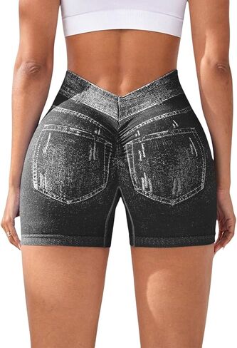 V Back Booty Shorts Women Faux Denim Butt Lifting Jegging Jean Shorts High Waisted Scrunch Workout Yoga Biker in Saudi Arabia