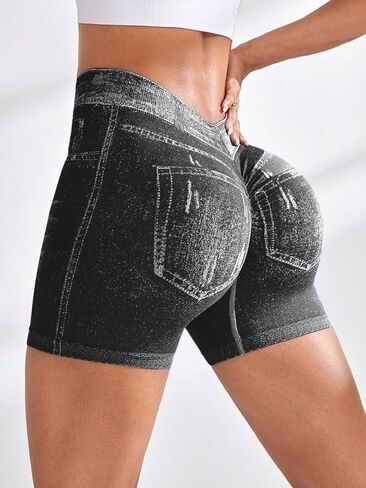 V Back Booty Shorts Women Faux Denim Butt Lifting Jegging Jean Shorts High Waisted Scrunch Workout Yoga Biker in Saudi Arabia