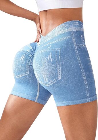 V Back Booty Shorts Women Faux Denim Butt Lifting Jegging Jean Shorts High Waisted Scrunch Workout Yoga Biker in Saudi Arabia