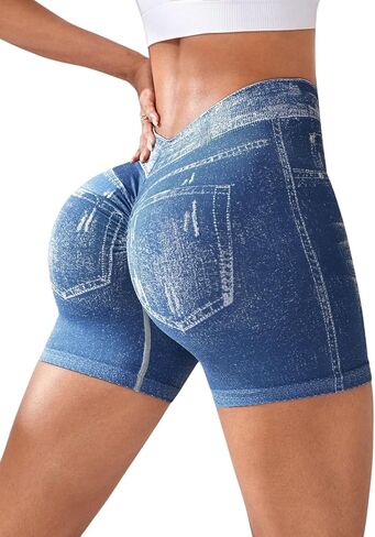 V Back Booty Shorts Women Faux Denim Butt Lifting Jegging Jean Shorts High Waisted Scrunch Workout Yoga Biker in Saudi Arabia