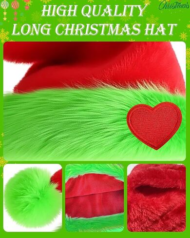 Hikkcos Green Monster Furry Gloves Christmas Lime Green Santa Hat with Red Heart for Christmas Halloween Cosplay Costume in Saudi Arabia
