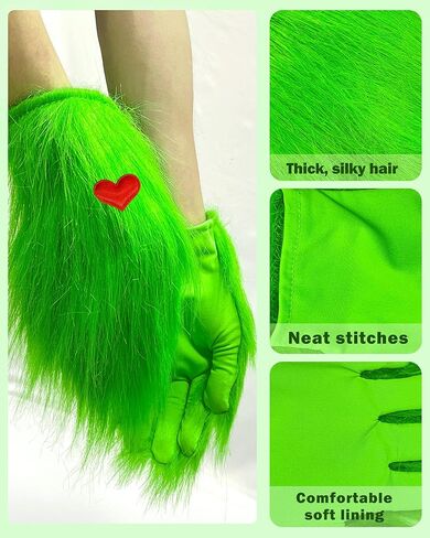 Hikkcos Green Monster Furry Gloves Christmas Lime Green Santa Hat with Red Heart for Christmas Halloween Cosplay Costume in Saudi Arabia