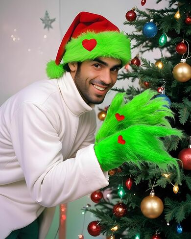 Hikkcos Green Monster Furry Gloves Christmas Lime Green Santa Hat with Red Heart for Christmas Halloween Cosplay Costume in Saudi Arabia