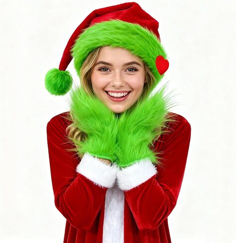 Hikkcos Green Monster Furry Gloves Christmas Lime Green Santa Hat with Red Heart for Christmas Halloween Cosplay Costume in Saudi Arabia