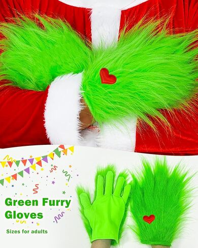 Hikkcos Green Monster Furry Gloves Christmas Lime Green Santa Hat with Red Heart for Christmas Halloween Cosplay Costume in Saudi Arabia