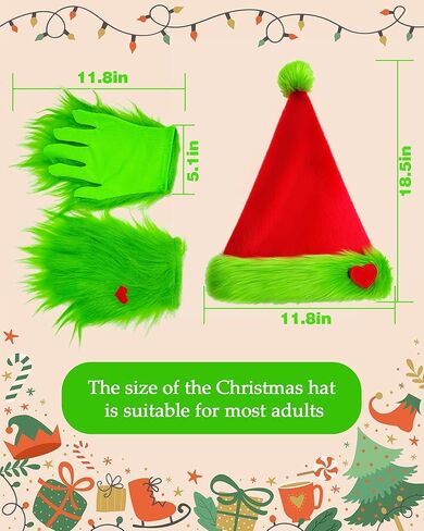 Hikkcos Green Monster Furry Gloves Christmas Lime Green Santa Hat with Red Heart for Christmas Halloween Cosplay Costume in Saudi Arabia