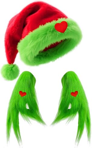 Hikkcos Green Monster Furry Gloves Christmas Lime Green Santa Hat with Red Heart for Christmas Halloween Cosplay Costume in Saudi Arabia