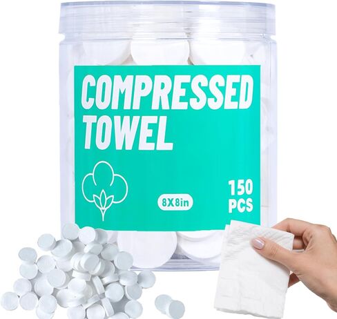 Compressed Towels, Compressed Cotton Coin Tissue Towel, Compressed Towels for Camping, Disposable Face Compressed Towels, Camping Towels Compressed Towel Tablet,Camping, Sports,150 PCS (8in×8in) in Kuwait