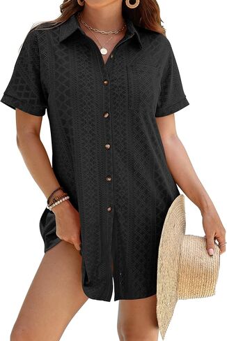 ANRABESS Womens Swimsuit Coverup Summer Button Down Beach Shirt Dress Eyelet Swimwear Bathing Suit Cover Ups Vacation Clothes in Saudi Arabia