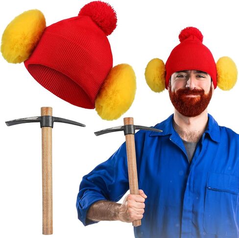 Mepase 3 Pcs Men's Prospector Costume Accessories Stop-motion Animation Character Costume Metal Pick Axe Red Beanie Hat Ear Muffs for Rugged Arctic Explorer Cosplay Outfit Halloween Christmas Cosplay in Saudi Arabia