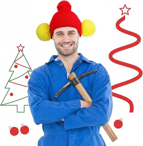 Mepase 3 Pcs Men's Prospector Costume Accessories Stop-motion Animation Character Costume Metal Pick Axe Red Beanie Hat Ear Muffs for Rugged Arctic Explorer Cosplay Outfit Halloween Christmas Cosplay in Saudi Arabia