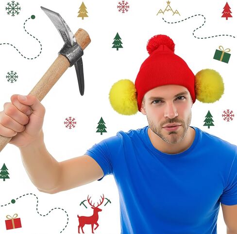 Mepase 3 Pcs Men's Prospector Costume Accessories Stop-motion Animation Character Costume Metal Pick Axe Red Beanie Hat Ear Muffs for Rugged Arctic Explorer Cosplay Outfit Halloween Christmas Cosplay in Saudi Arabia