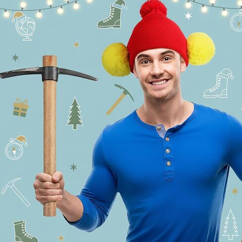 Mepase 3 Pcs Men's Prospector Costume Accessories Stop-motion Animation Character Costume Metal Pick Axe Red Beanie Hat Ear Muffs for Rugged Arctic Explorer Cosplay Outfit Halloween Christmas Cosplay in Saudi Arabia