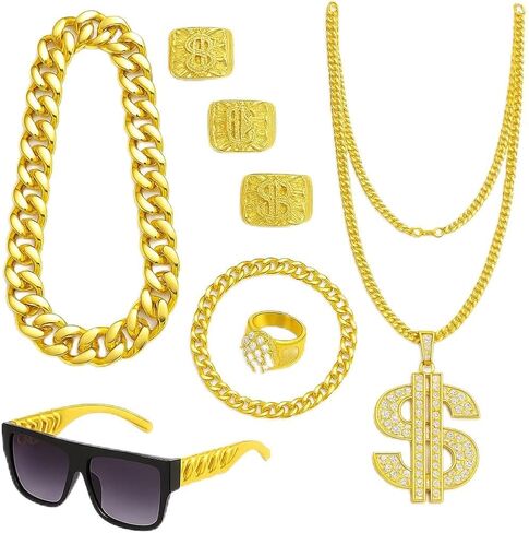 Hip Hop Costume Kit 8PCS – Gold Accessories Set with Sunglasses, Fake Gold Chain for 80s 90s Rapper, Costume Jewelry Set for Halloween Party in Saudi Arabia