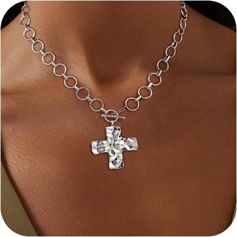Cross Necklace for Women - Dainty 14K Gold Plated Chunky Cross Pendant Necklaces Trendy Toggle Clasp Choker Chain Religious Charm Jewelry in Kuwait