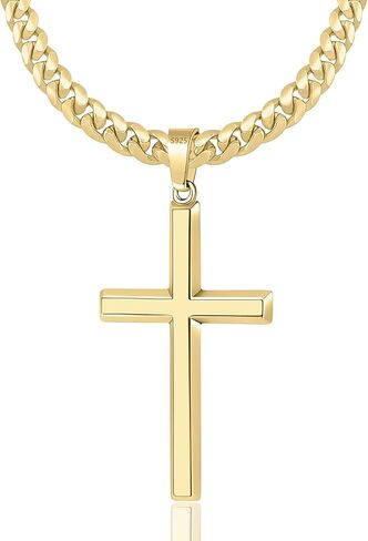 S925 Sterling Silver and 14K Gold Plated Cross Necklace for Men Women, 5mm Durable Cuban Chain with Beveled Edge Cross Pendant, Hypoallergenic Not To Fade Necklaces Jewelry Gifts 16-30'' in Saudi Arabia