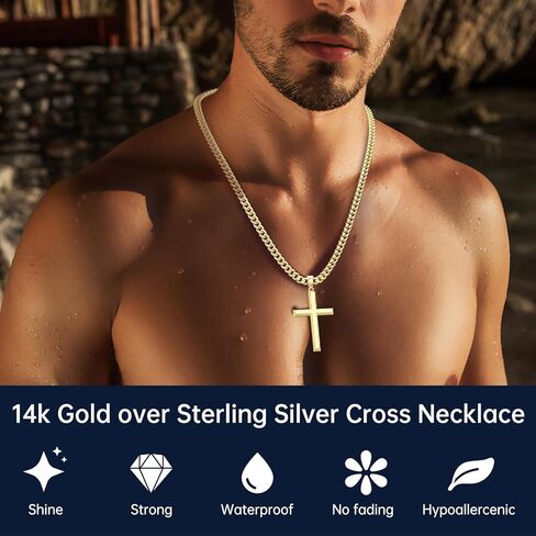 S925 Sterling Silver and 14K Gold Plated Cross Necklace for Men Women, 5mm Durable Cuban Chain with Beveled Edge Cross Pendant, Hypoallergenic Not To Fade Necklaces Jewelry Gifts 16-30'' in Saudi Arabia