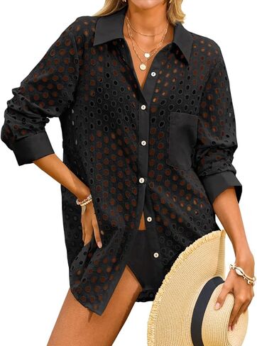 Fisoew Womens Hollow Out Swimsuit Coverup Shirt Button Down Bathing Suit Cover Ups Beachwear in Saudi Arabia