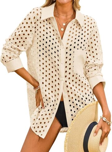 Fisoew Womens Hollow Out Swimsuit Coverup Shirt Button Down Bathing Suit Cover Ups Beachwear in Saudi Arabia
