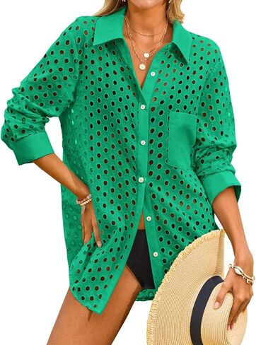 Fisoew Womens Hollow Out Swimsuit Coverup Shirt Button Down Bathing Suit Cover Ups Beachwear in Saudi Arabia