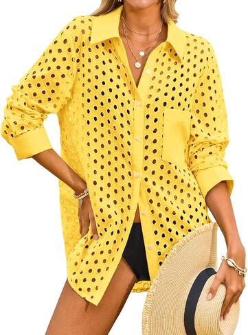 Fisoew Womens Hollow Out Swimsuit Coverup Shirt Button Down Bathing Suit Cover Ups Beachwear in Saudi Arabia