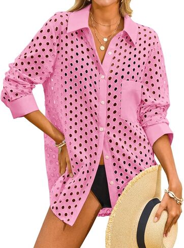 Fisoew Womens Hollow Out Swimsuit Coverup Shirt Button Down Bathing Suit Cover Ups Beachwear in Saudi Arabia