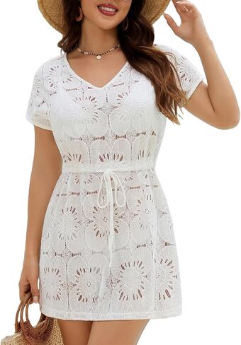 VIMPUNEC Swimsuit Coverup for Women Lace Eyelet Bathing Suit Cover Up Summer Casual Beach Dresses in Kuwait