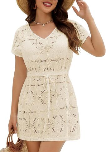 VIMPUNEC Swimsuit Coverup for Women Lace Eyelet Bathing Suit Cover Up Summer Casual Beach Dresses in Kuwait