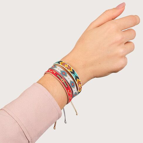 Handmade Beaded Bracelet – Adjustable Boho Friendship Wristband – Tribal Artisan Style in Red, White, and Multicolor Designs – 3 Unique Patterns in Saudi Arabia