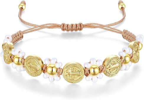 18K Gold Plated Saint Benedict Medal Bracelet‌ - Adjustable Handwoven Catholic Jewelry for Women, Spiritual Protection Religious Gift in Saudi Arabia
